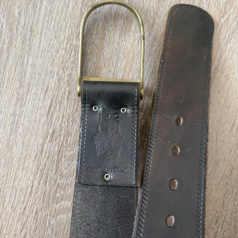 VTG Italian Leather Belt Brass Stirrup Hook Buckle Dark Brown Made in Italy 36